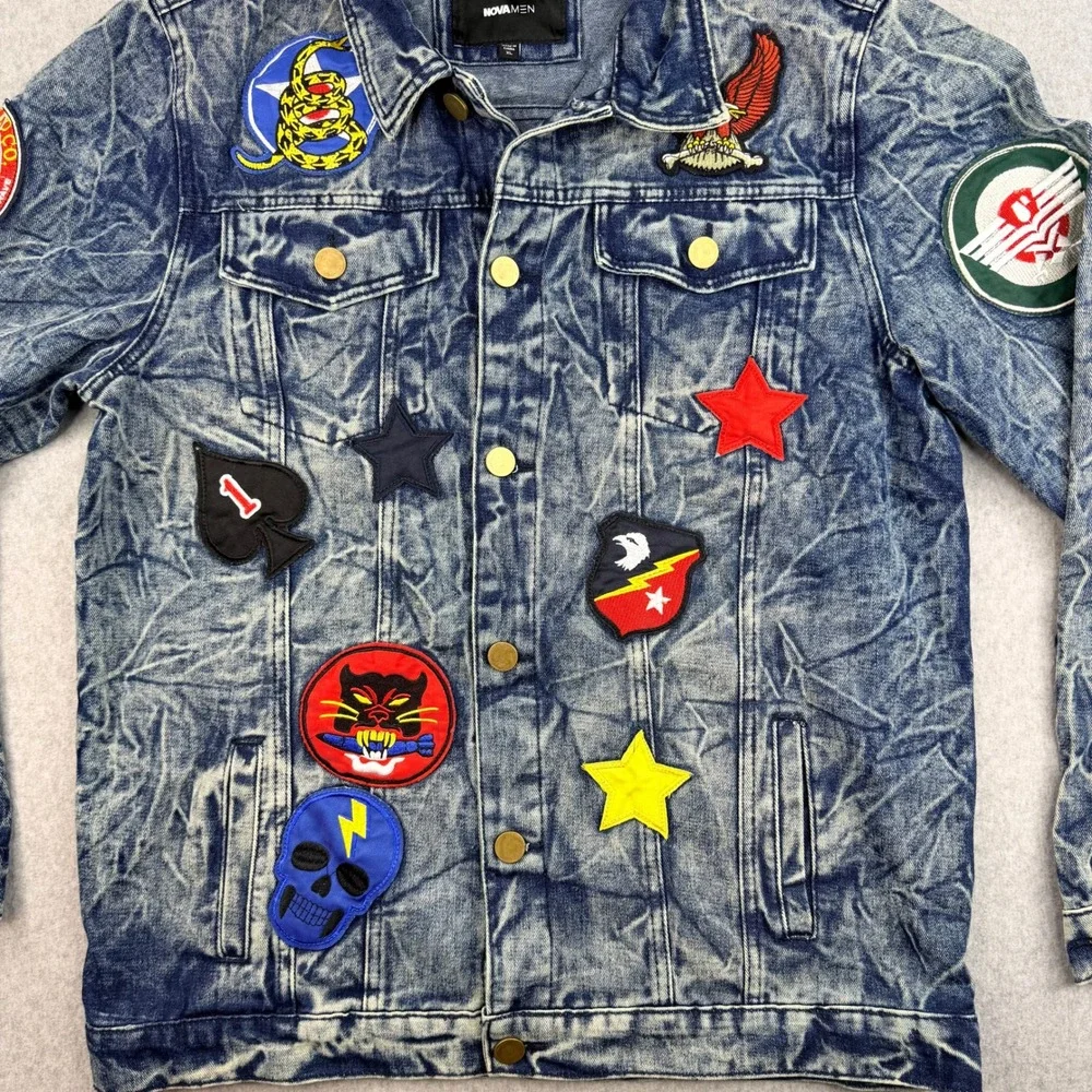NovaMen Mens Acid Wash Denim Trucker Jacket Multi Patch Blue XL DN-21-FN